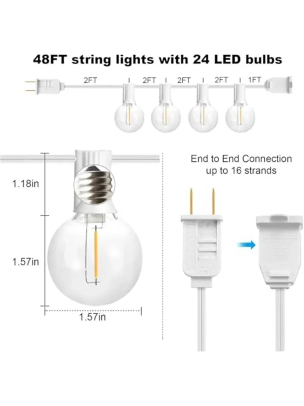 White Outdoor String Lights, 48FT White Patio Lights with 25 G40 Shatterproof